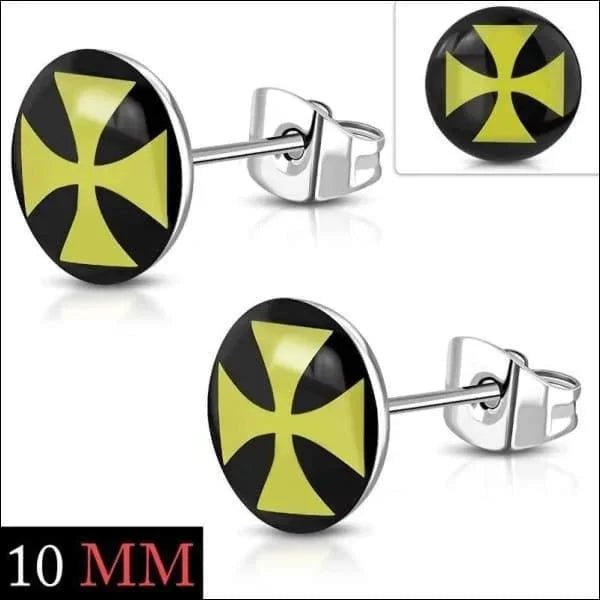 RVS Logo Oorknoppen Diverse Modellen 8mm - Stoere Oorstekers - 10mm / Kruis-Geel-Zwart -