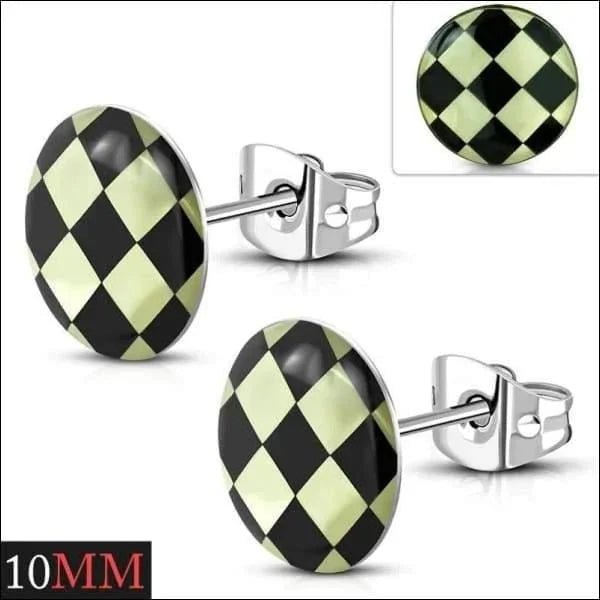 RVS Logo Oorknoppen Diverse Modellen 8mm - Stoere Oorstekers - 10mm / Geruit-Zwart-Wit -