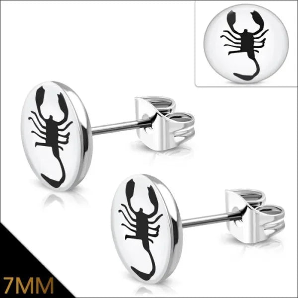 RVS Logo Oorknoppen Diverse Modellen 8mm - Stoere Oorstekers - 7mm / Schorpioen-Zwart-Wit -