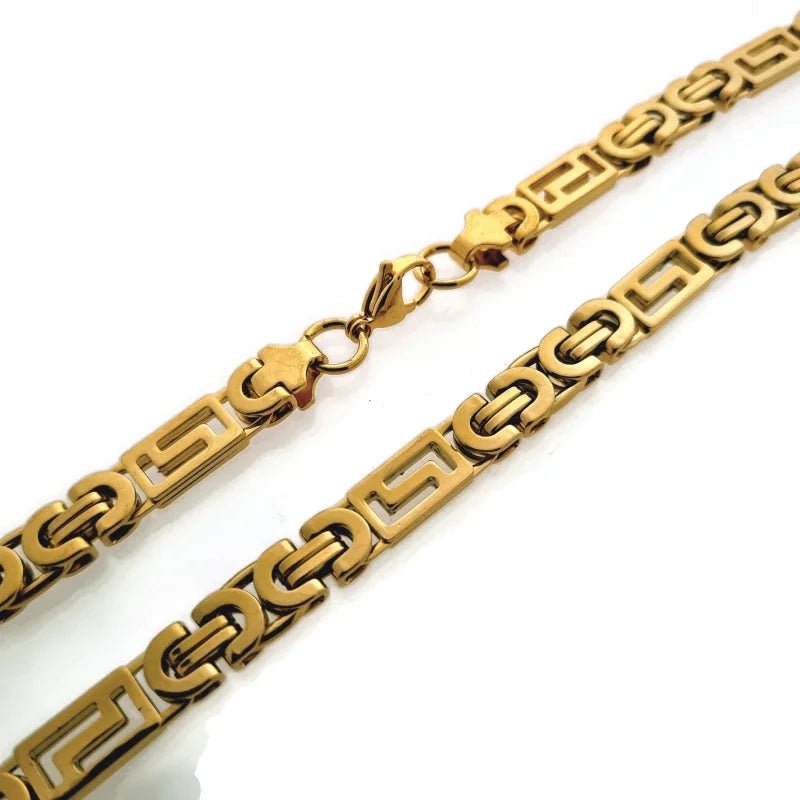 Stalen Koningsketting met Grieks Motief &acirc;&euro;&ldquo;  Stoere Ketting RVS - Goudkleur / 55cm 