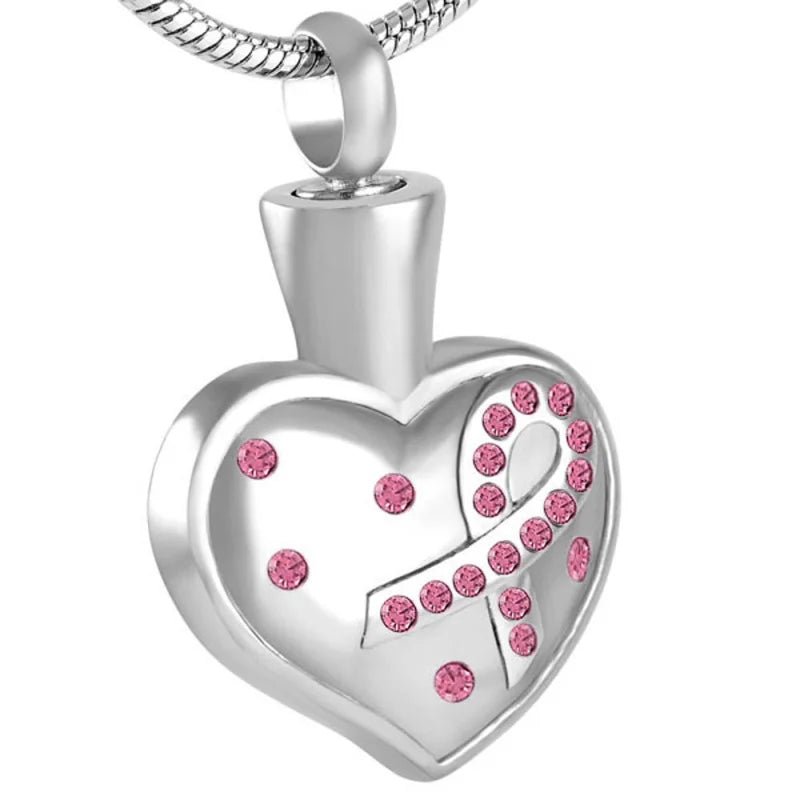 Stalen Pink Ribbon Ashanger &acirc;&euro;&ldquo; Gedenksieraad Borstkanker Bewustzijn - Hart-Roze-2.