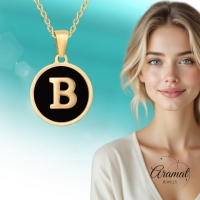 Stalen letter Ketting in goudkleur met zwart - E - Unisex