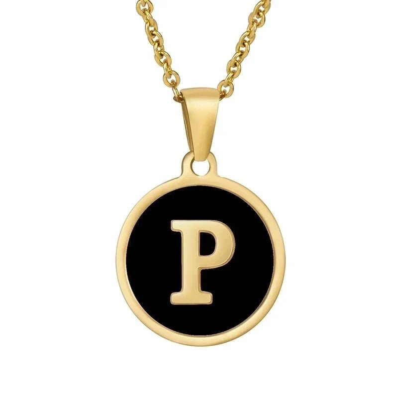Stalen letter Ketting in goudkleur met zwart - P - Unisex