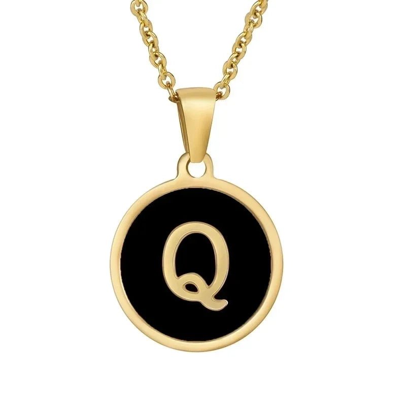 Stalen letter Ketting in goudkleur met zwart - Q - Unisex