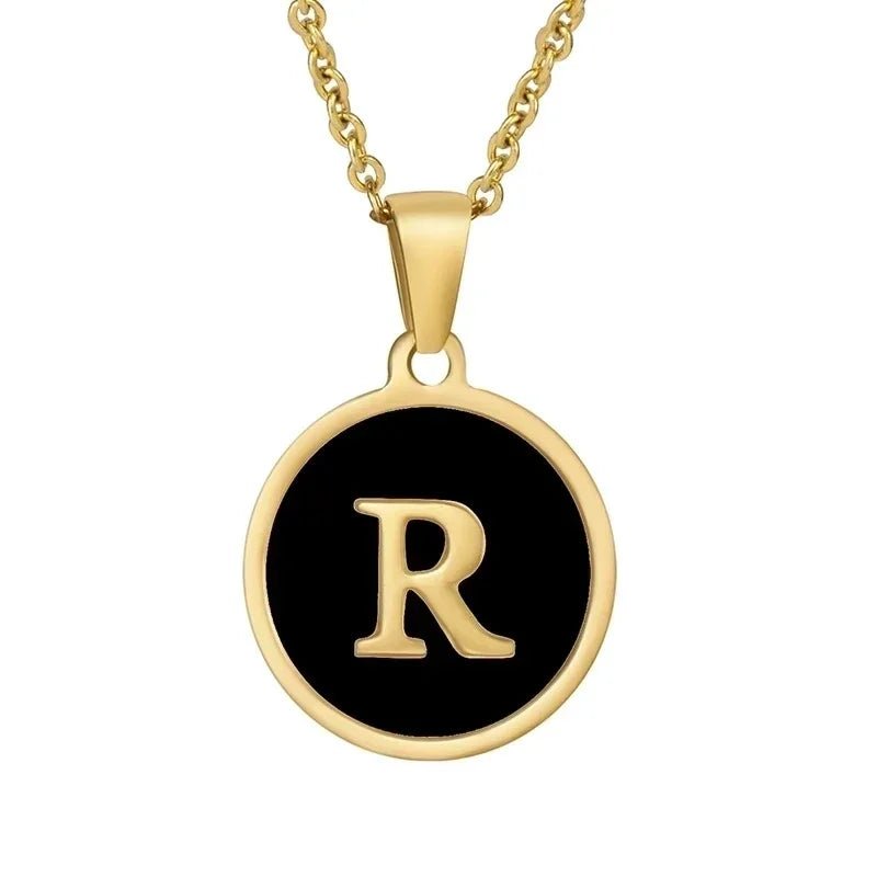 Stalen letter Ketting in goudkleur met zwart - R - Unisex
