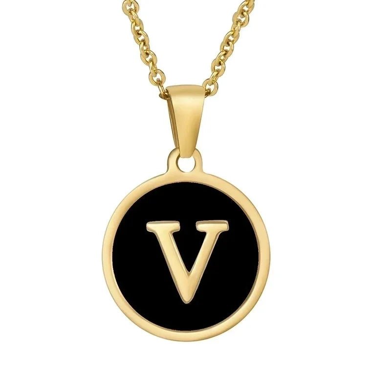 Stalen letter Ketting in goudkleur met zwart - V - Unisex