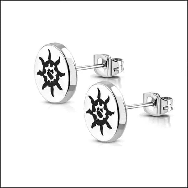 Stalen Ronde Oorstekers met logo - 8mm / Tribal zon -