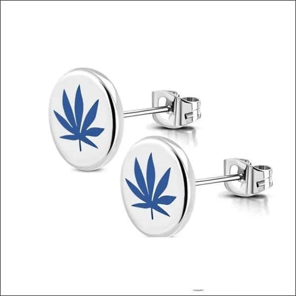 Stalen Ronde Oorstekers met logo - 8mm / Wiet blad-Blauw -