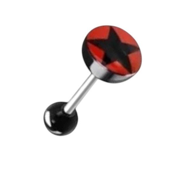 Stalen Logo Tongpiercing met Acryl Balletje - Ster-Zwart-Rood -