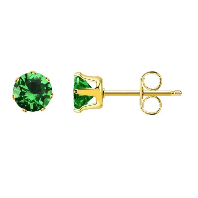 RVS Zirkonia Oorbellen Donkergroen Rond - Groene Kristal Oorstekers - Goudkleur / 4mm -